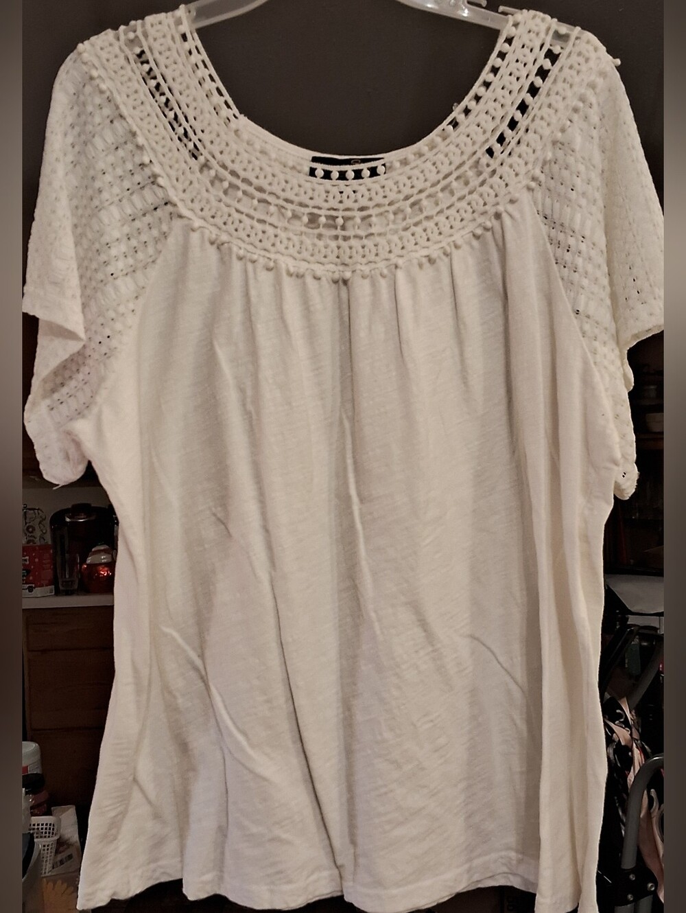 Suzanne Betro Cream Crochet Yoke Short Sleeve Blouse